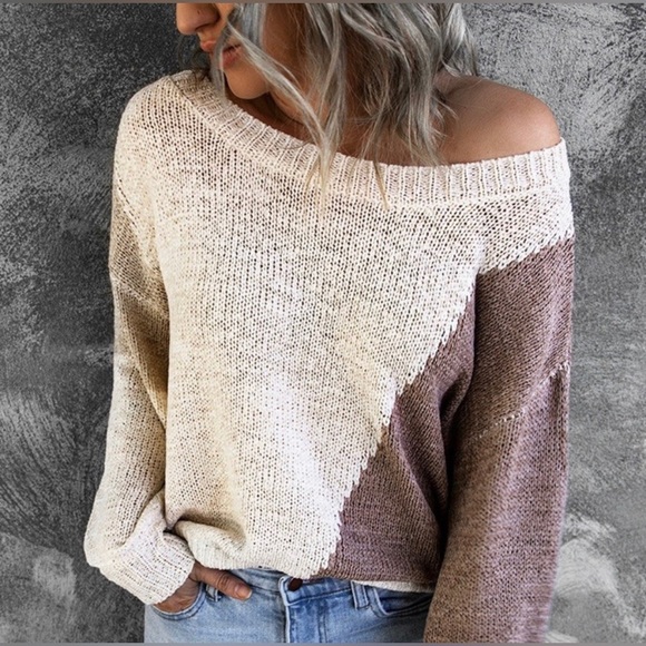 Shiying Fashion Sweaters - Shiying Fashion Oversized Asymmetrical Knit Sweater Tan & Brown Medium NWT